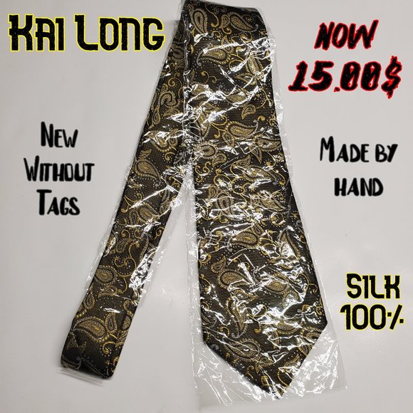 Kai Long Black & Gold Tie - Made by hand Silk 100% - Picture 1 of 7
